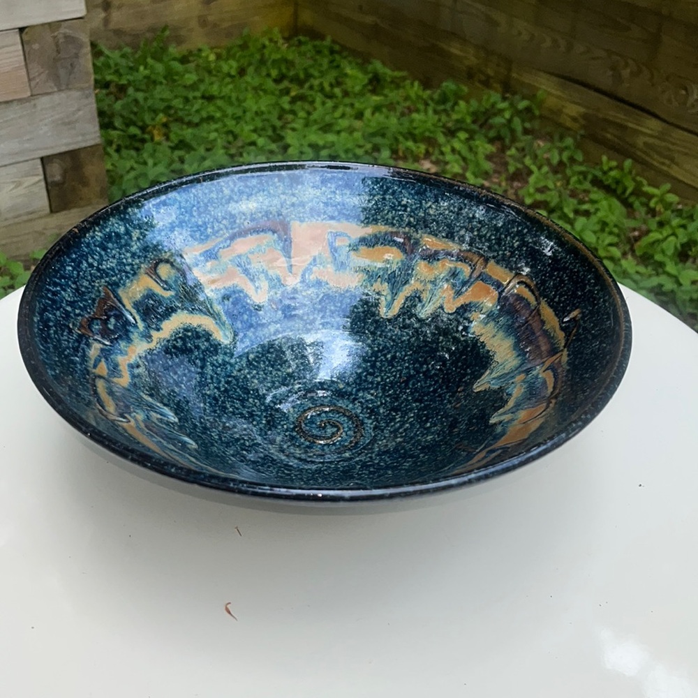 Large 12" Hand thrown Pottery fruit or mixing bowl with gorgeous Blue glaze